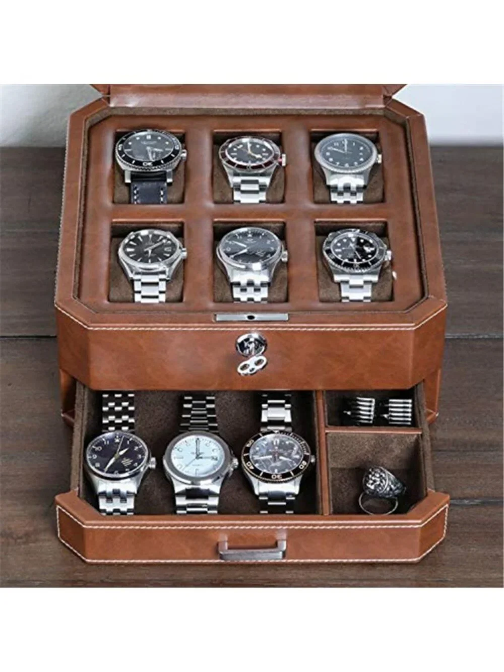 Leather Watch Box with Valet Drawer - Luxury Case Display